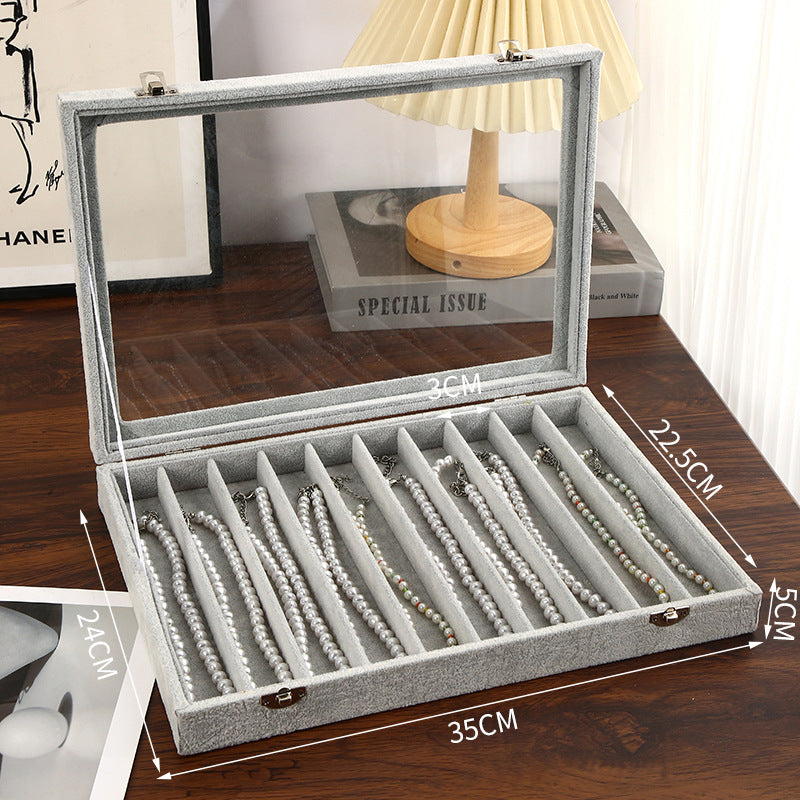 New Glacier Grey Pearl Necklace Storage Box with Lid Glass Dust-proof Long Bracelet Beads Thick Necklace Jewelry Box