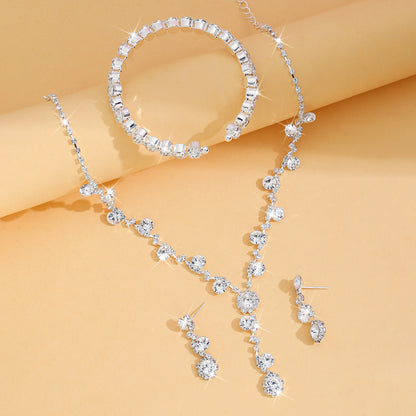 Explosive Jewelry Flash Diamond Inlaid with Full Diamond Women's Wedding Accessories Necklace Earrings Bracelet Three-piece Bridal suit