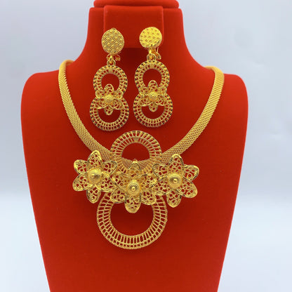 Imitation gold flower necklace earrings suit Dubai India Nigeria brass gold plated women wedding jewelry lot
