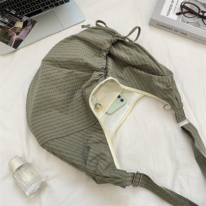 Retro Plaid Hobos Messenger Bags for Women Drawstring Pocket Nylon Dumpling Bag Large Capacity Portable Travel Shoulder Bags