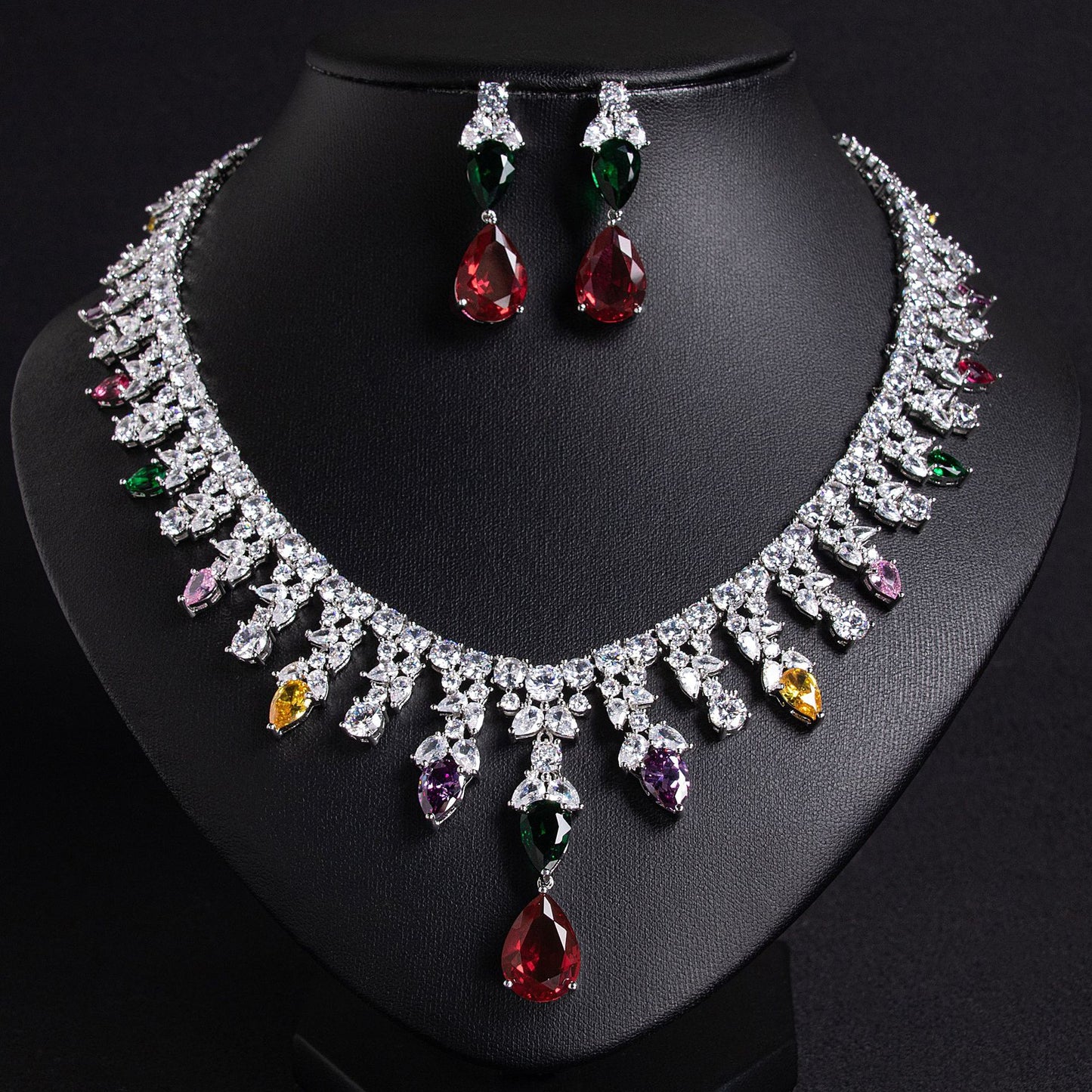 Luxury Dinner Dress Jewelry Red Zircon Necklace suit High-end Wedding Micro-inlay Bridal Wedding Earrings Jewelry