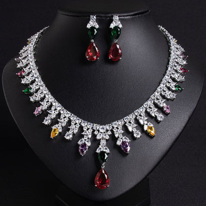 Luxury Dinner Dress Jewelry Red Zircon Necklace suit High-end Wedding Micro-inlay Bridal Wedding Earrings Jewelry