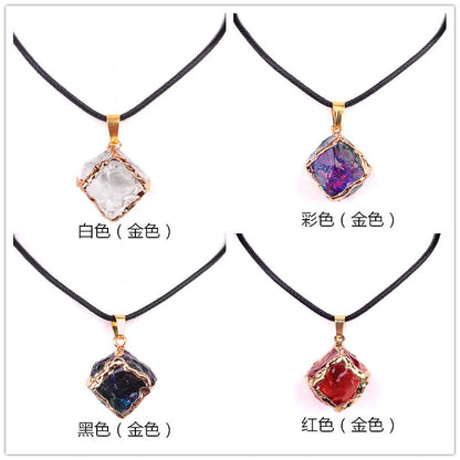Imitation Crystal Rough Stone Square Electroplated Colorful Pendant Artificial Crystal Sugar Cube Necklace DIY Jewelry Pendant