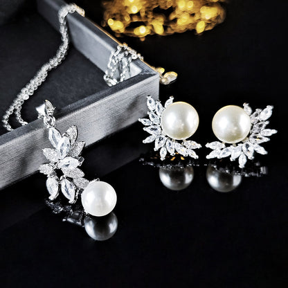 Korean version of high-end hot-selling jewelry European and American luxury pearl zircon inlay necklace earrings e6068-x6063