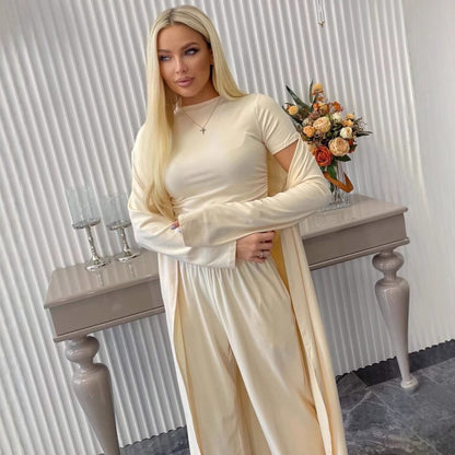 Women Cardigan Vest Wide Leg Pants 3 Piece Sets Top Long Coat Trousers Suit Office Lady Ensemble Spring Summer 2026 Outfits