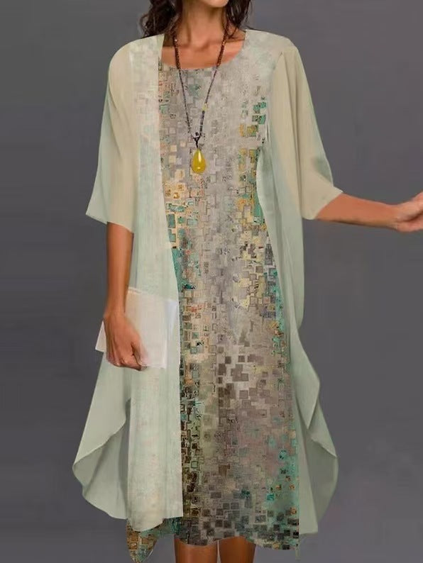 2023 European and American Hot Selling Independent Site Amazon Wish Spring & Fall Fashionable and Elegant Chiffon Dress Two-Piece Set