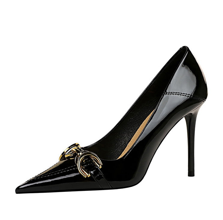 Luxury Women Pumps Metal Belt Buckle High Heels Patent Leather Women Heels Stilettos Career OL Office Shoes Plus Size 41 42 43