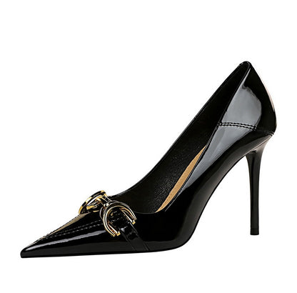 Luxury Women Pumps Metal Belt Buckle High Heels Patent Leather Women Heels Stilettos Career OL Office Shoes Plus Size 41 42 43