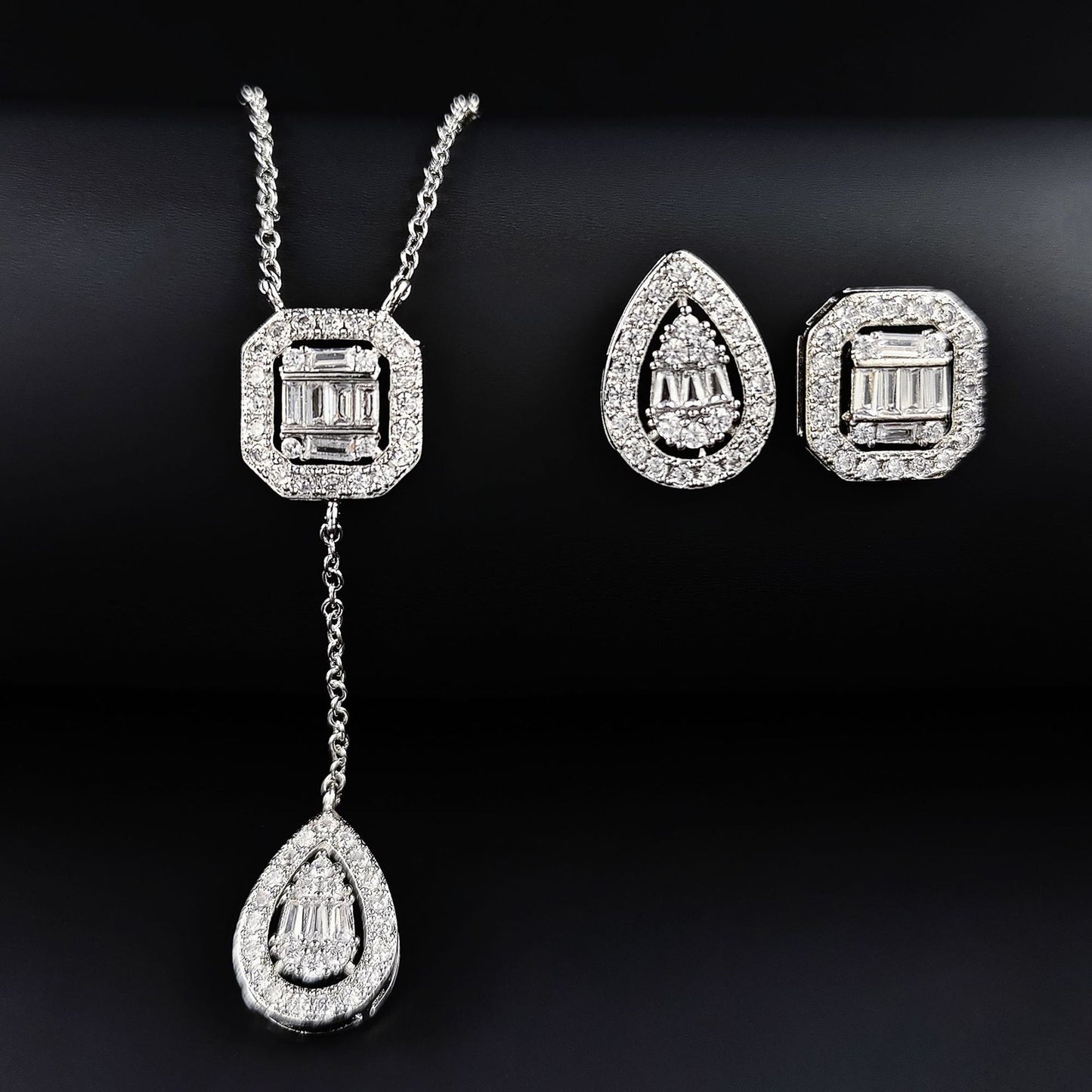 Amazon Fashion Cross-border New Square Long Zircon Earrings Ring Necklace Jewelry Three-piece Set j6138
