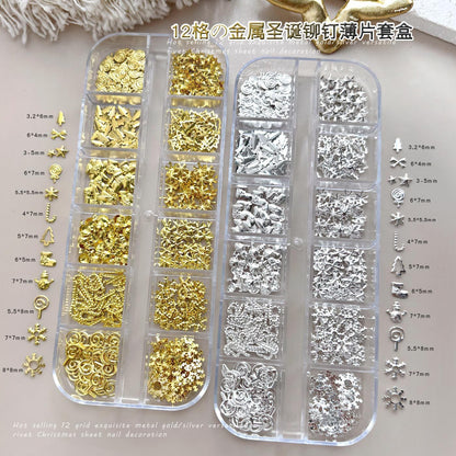 Christmas Rivet Nail Art Jewelry Long Box Special-Shaped Snowflake Alloy Flats Bottom Diamond Metal Nail Jewelry Stickers 12 Grids
