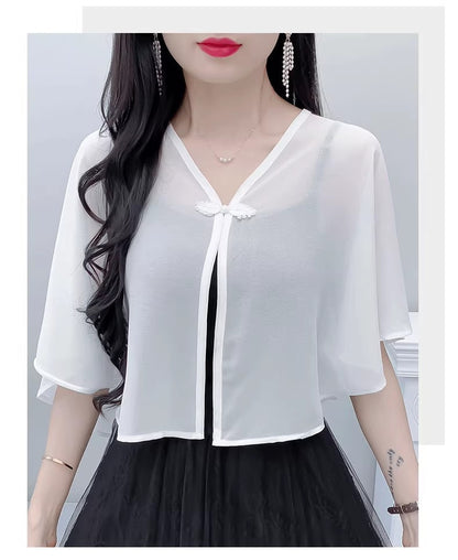 Thin Small Shawl Summer Dress with Sling Skirt Air-conditioning Shirt Women's Cardigan Outer Chiffon Ethnic Style Silver Buckle Small Coat