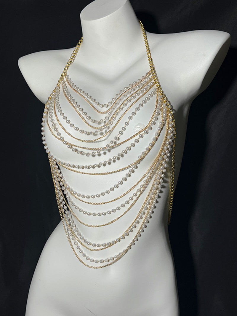 European and American fashion cross-border jewelry summer beach sexy body chest chain handmade pearl chest chain