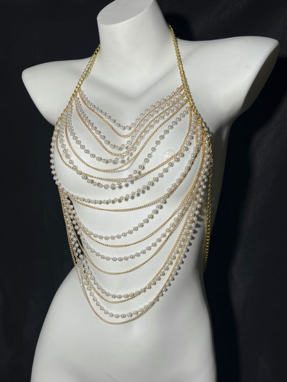 European and American fashion cross-border jewelry summer beach sexy body chest chain handmade pearl chest chain