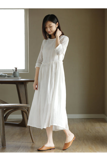 2023 New Summer Cotton Linen dress Women's High Waist Slimming Artistic Loose Retro Seven-Sleeve Round Neck Dress