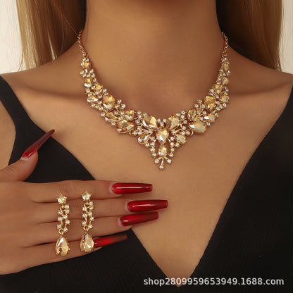 Cross-Border Amazon Jewelry Set Bridal Crystal Accessories Necklace Earrings Two-Piece Set Wedding Dress Women's