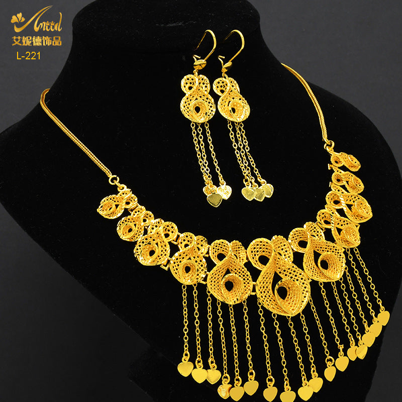 Imitation gold flower necklace earrings suit Dubai India Nigeria brass gold plated women wedding jewelry lot
