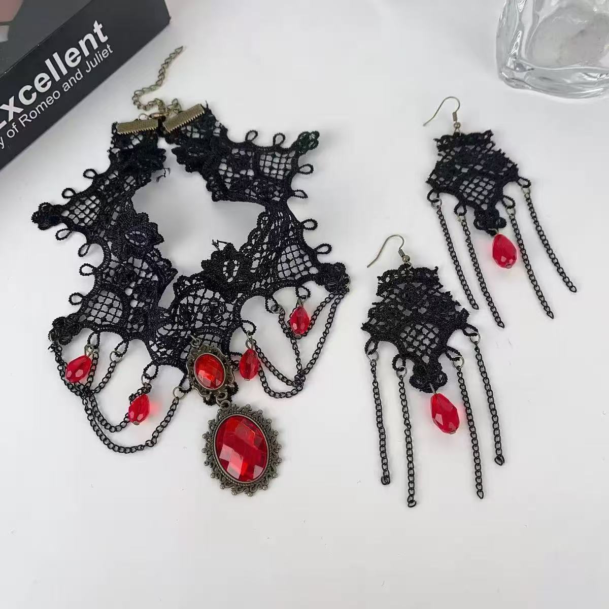 European and American Cross-Border Jewelry Gothic Style Halloween Cross Gemstone Necklace Niche Lace Tassel Necklace Accessories
