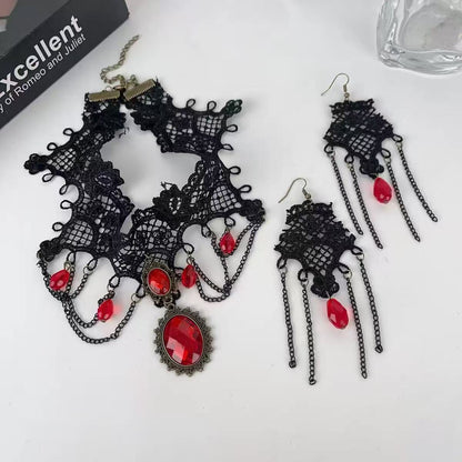 European and American Cross-Border Jewelry Gothic Style Halloween Cross Gemstone Necklace Niche Lace Tassel Necklace Accessories