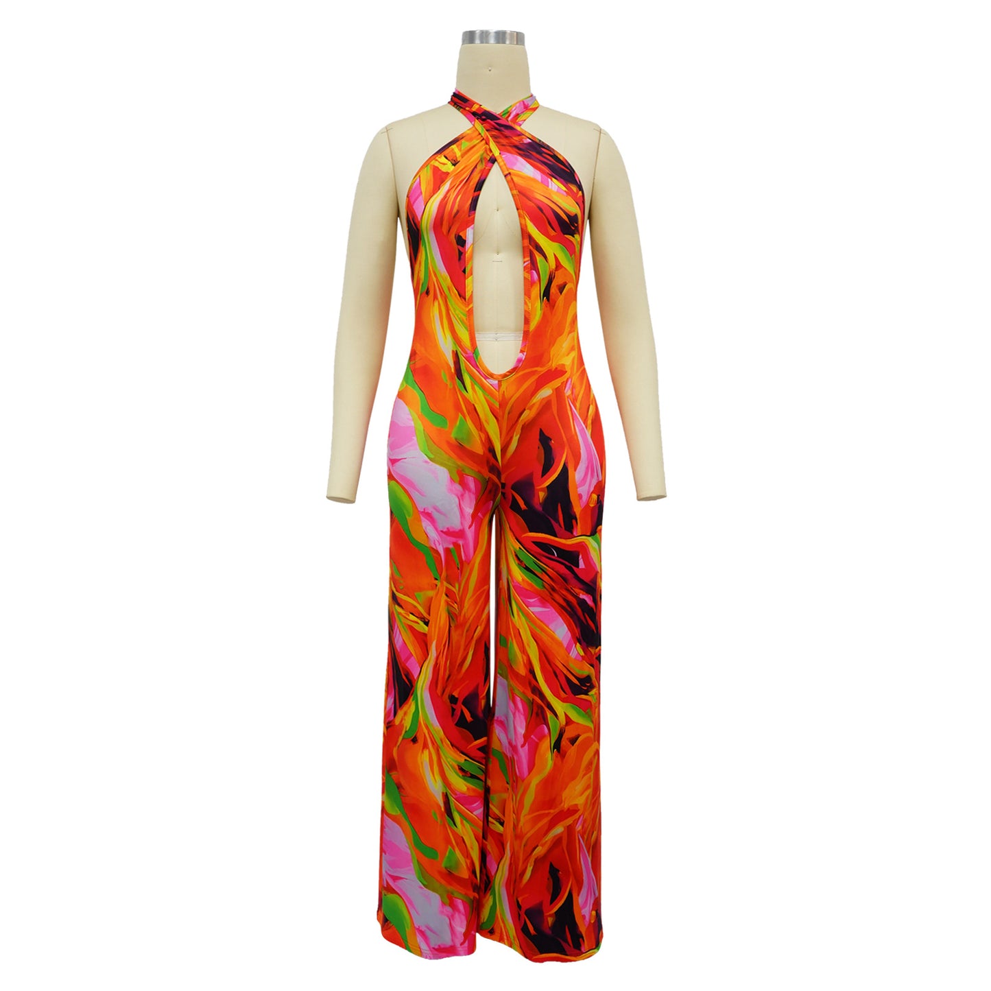 CM.YAYA Women Wide Leg V-neck Halter Sleeveless Print Jumpsuits 2024 Summer Night Club Street Playsuit One Piece Suit Rompers