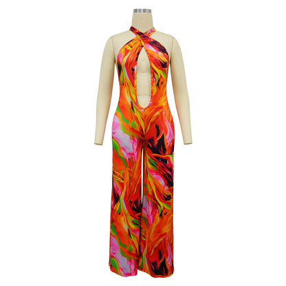 CM.YAYA Women Wide Leg V-neck Halter Sleeveless Print Jumpsuits 2024 Summer Night Club Street Playsuit One Piece Suit Rompers