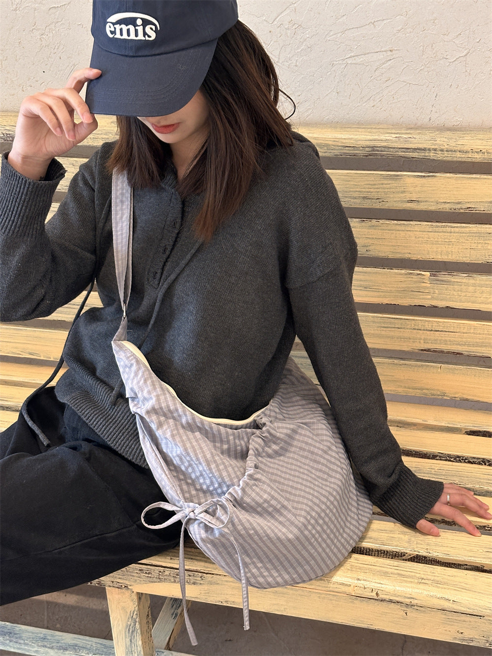 Retro Plaid Hobos Messenger Bags for Women Drawstring Pocket Nylon Dumpling Bag Large Capacity Portable Travel Shoulder Bags