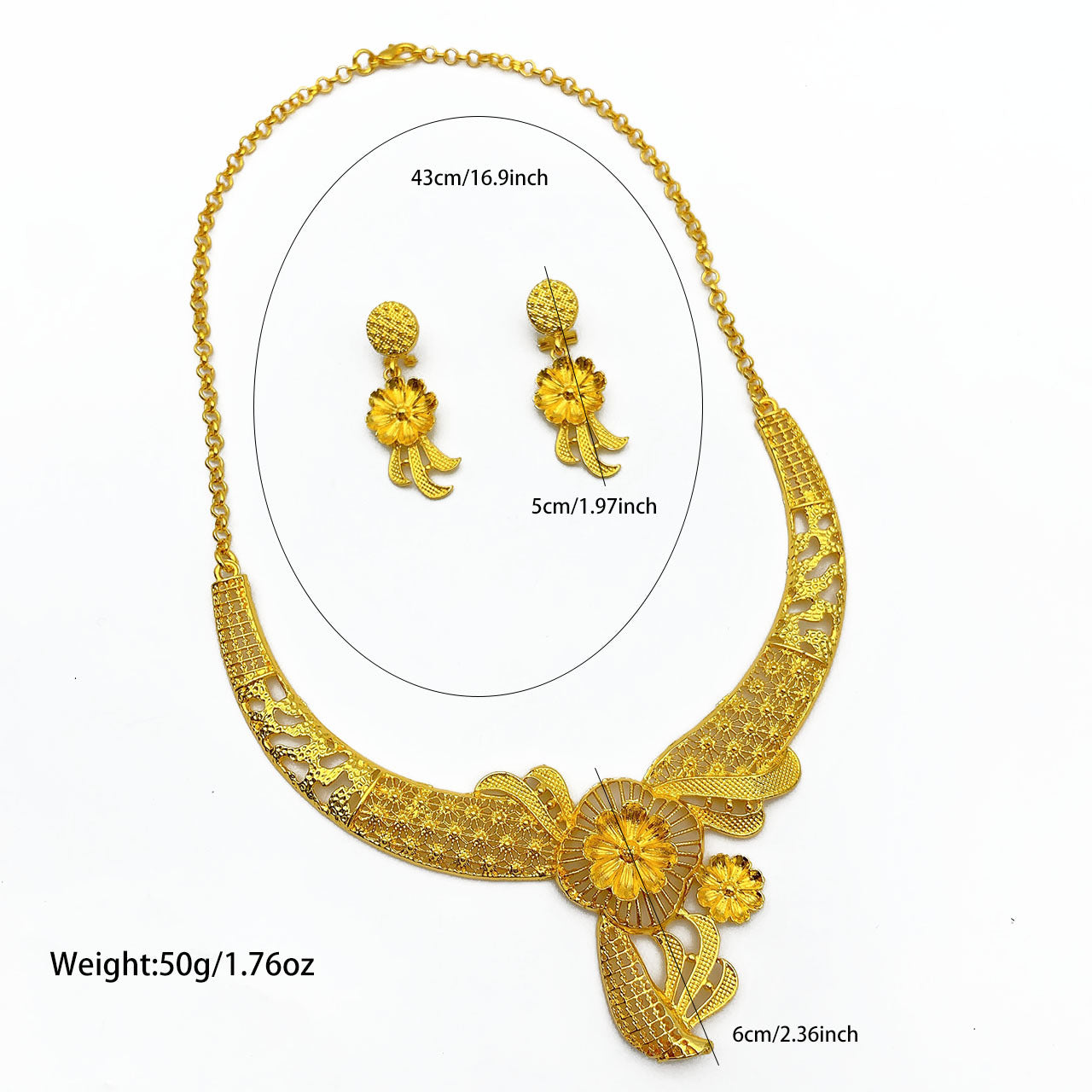 Imitation gold flower necklace earrings suit Dubai India Nigeria brass gold plated women wedding jewelry lot