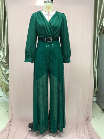 2025 Dress Women's Spring & Fall High-End V Neck Long-Sleeved Shirt Elegant Waist Sequin French Wide-Leg Pants