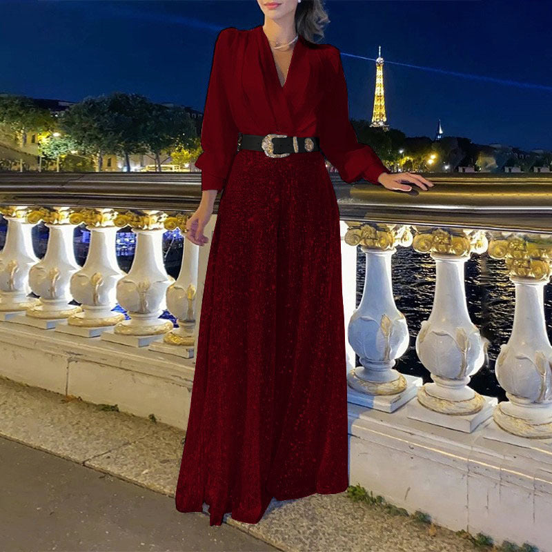 2025 Dress Women's Spring & Fall High-End V Neck Long-Sleeved Shirt Elegant Waist Sequin French Wide-Leg Pants