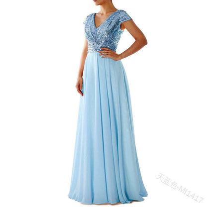 2025 Cross-Border New Spring and Summer European and American Clothing Sleeveless Dress V Neck Sequined Elegant Chiffon Splicing Evening Dress