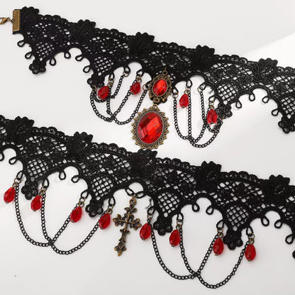 European and American Cross-Border Jewelry Gothic Style Halloween Cross Gemstone Necklace Niche Lace Tassel Necklace Accessories
