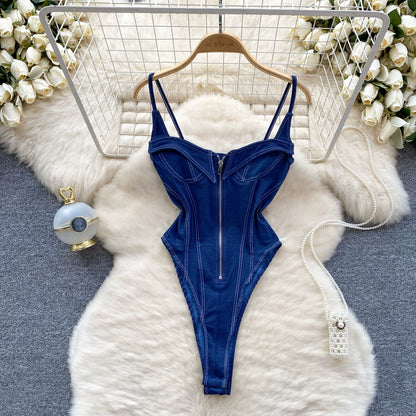 CHILLGIO Women Denim Overalls Fashion Slim Bodysuits One Piece Combination Onesie Zipper Strappy Rompers Summer Sexy Catsuits