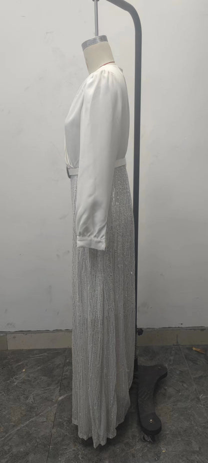 2025 Dress Women's Spring & Fall High-End V Neck Long-Sleeved Shirt Elegant Waist Sequin French Wide-Leg Pants