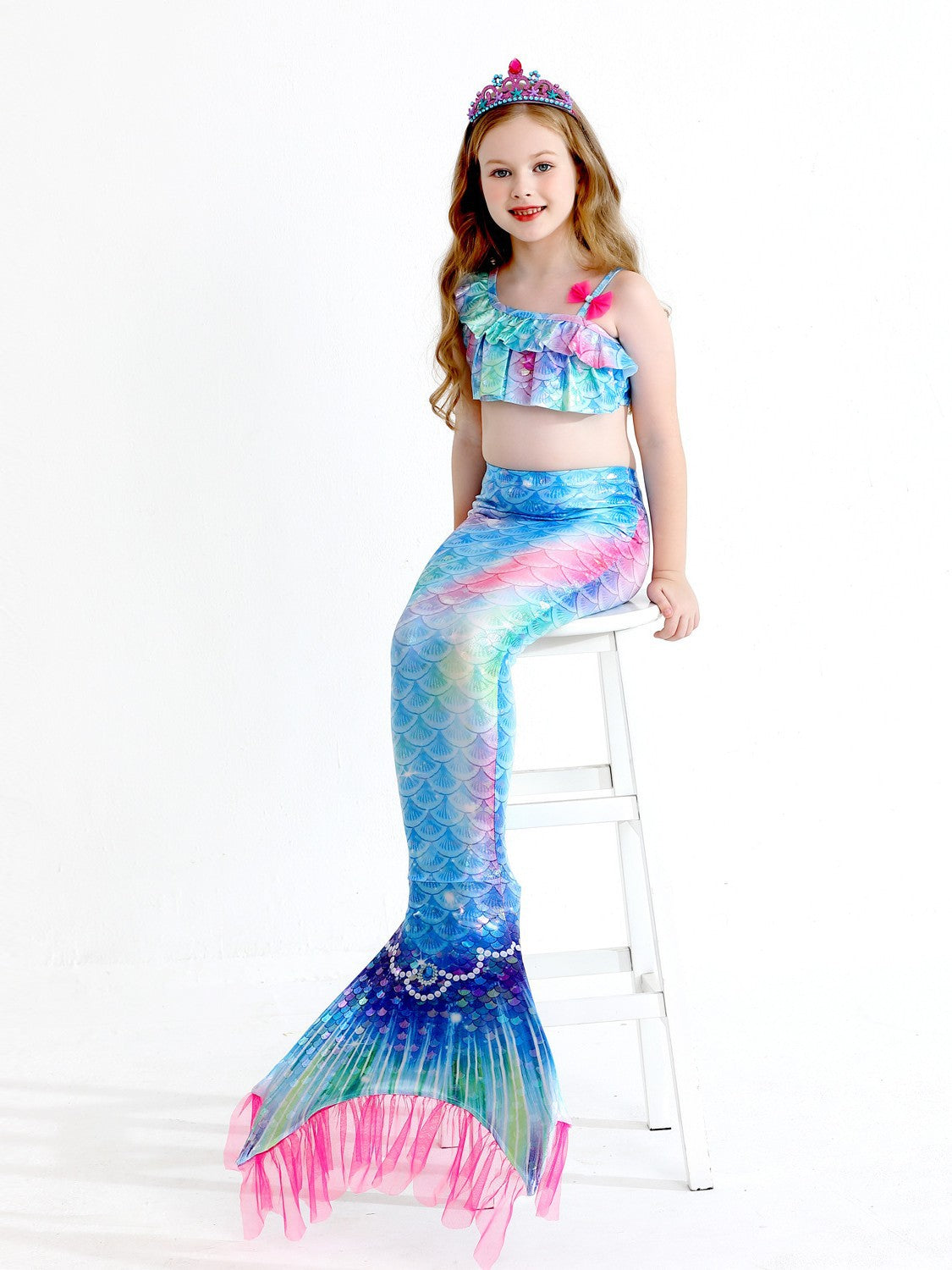 Girls' Mermaid Swimsuit Three-Piece Set Mermaid Tail Cross-Border Popular Bikini Swimsuit Beach Swimwear Shiny
