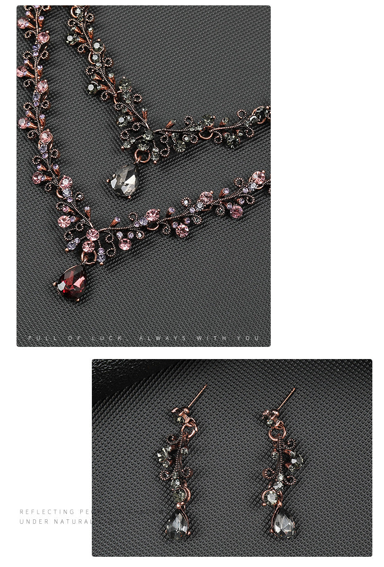 European and American Foreign Trade Jewelry Retro Jewelry Set Gemstone Necklace Clavicle Chain Cross-Border Female Leaf Water Drop Spot Straight Hair