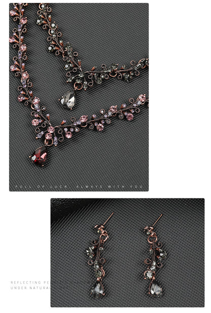 European and American Foreign Trade Jewelry Retro Jewelry Set Gemstone Necklace Clavicle Chain Cross-Border Female Leaf Water Drop Spot Straight Hair