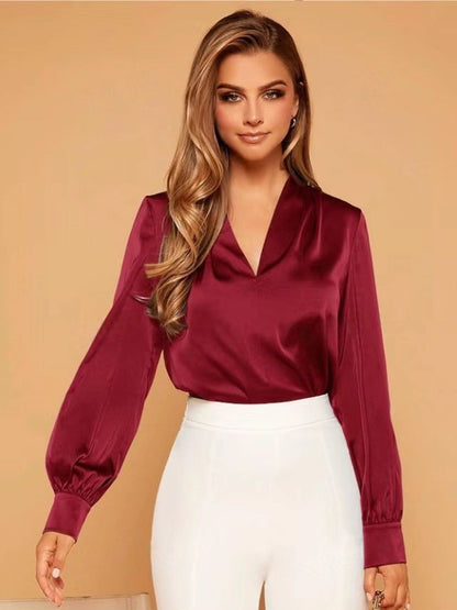 Amazon's Popular European and American V Neck Shirt Tops Spring and Summer Wish Aliexpress Ebay Long-Sleeved Satin Shirt