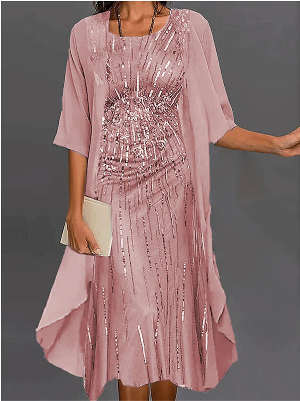 2023 European and American Hot Selling Independent Site Amazon Wish Spring & Fall Fashionable and Elegant Chiffon Dress Two-Piece Set
