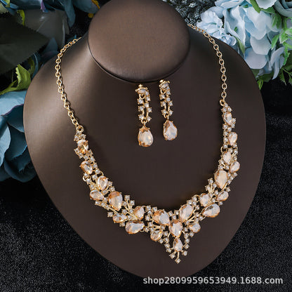 Cross-Border Amazon Jewelry Set Bridal Crystal Accessories Necklace Earrings Two-Piece Set Wedding Dress Women's