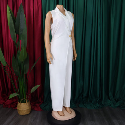 CM.YAYA Women Wide Leg V-Neck Sleeveless Jumpsuits Waist Chain 2024 Summer OL Beach Night Club Playsuit One Piece Suit Romper