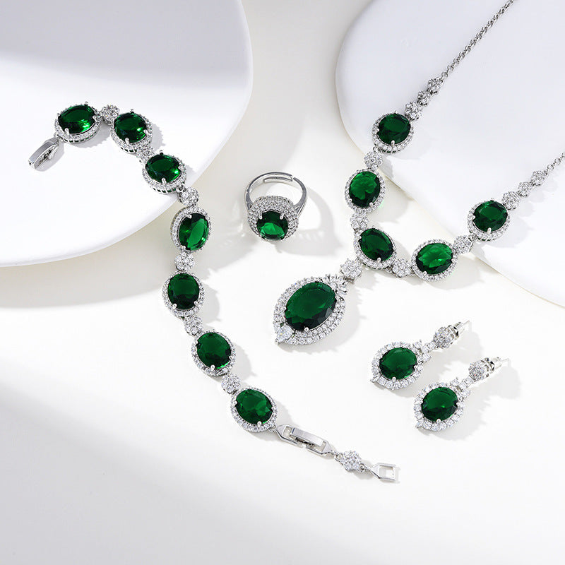 European and American fashion four-piece jewelry caibao zircon necklace suit high temperament earrings jewelry suit multicolor