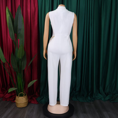 CM.YAYA Women Wide Leg V-Neck Sleeveless Jumpsuits Waist Chain 2024 Summer OL Beach Night Club Playsuit One Piece Suit Romper
