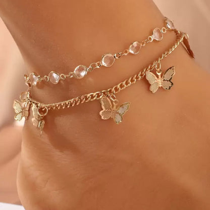 European and American Cross-border Hot Jewelry Rhinestone Butterfly Pendant Double-layer anklet Women's Simple Fashion Foot Jewelry Fashion Accessories