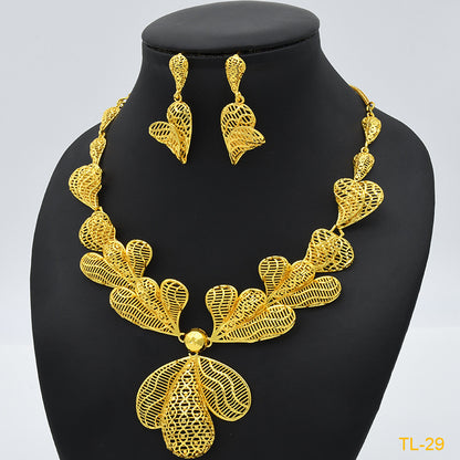 Imitation gold flower necklace earrings suit Dubai India Nigeria brass gold plated women wedding jewelry lot