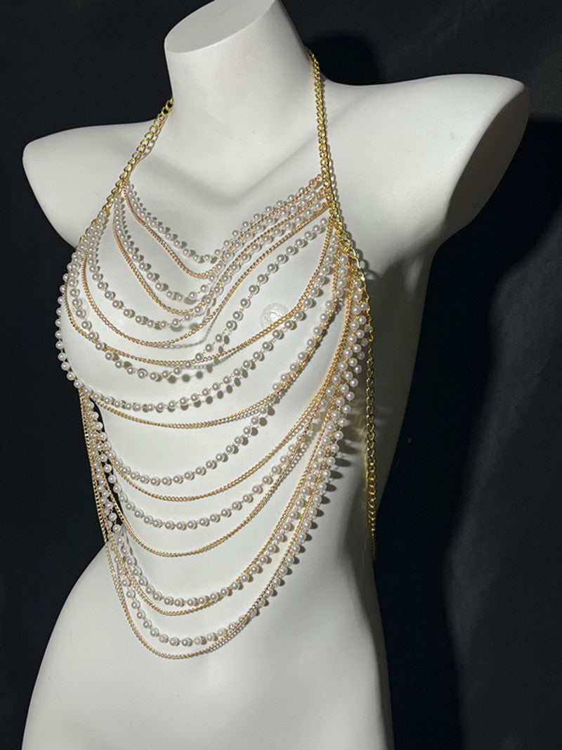 European and American fashion cross-border jewelry summer beach sexy body chest chain handmade pearl chest chain