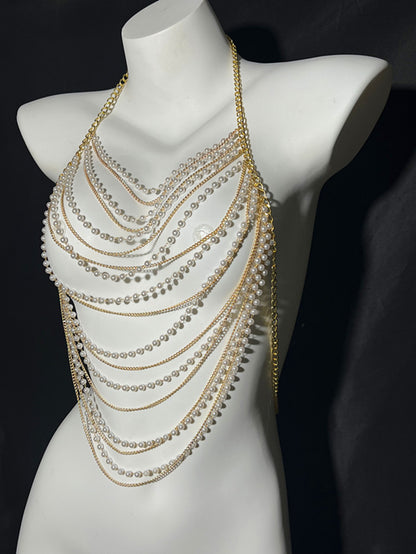 European and American fashion cross-border jewelry summer beach sexy body chest chain handmade pearl chest chain
