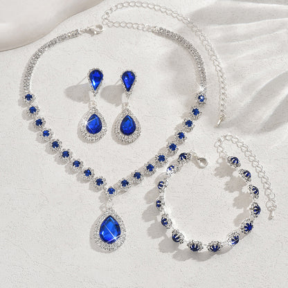 Cross-border Jewelry Explosions Necklace Earrings Bracelet Three-piece Set Full Diamond Flower Bride Jewelry suit Dress Accessories Women