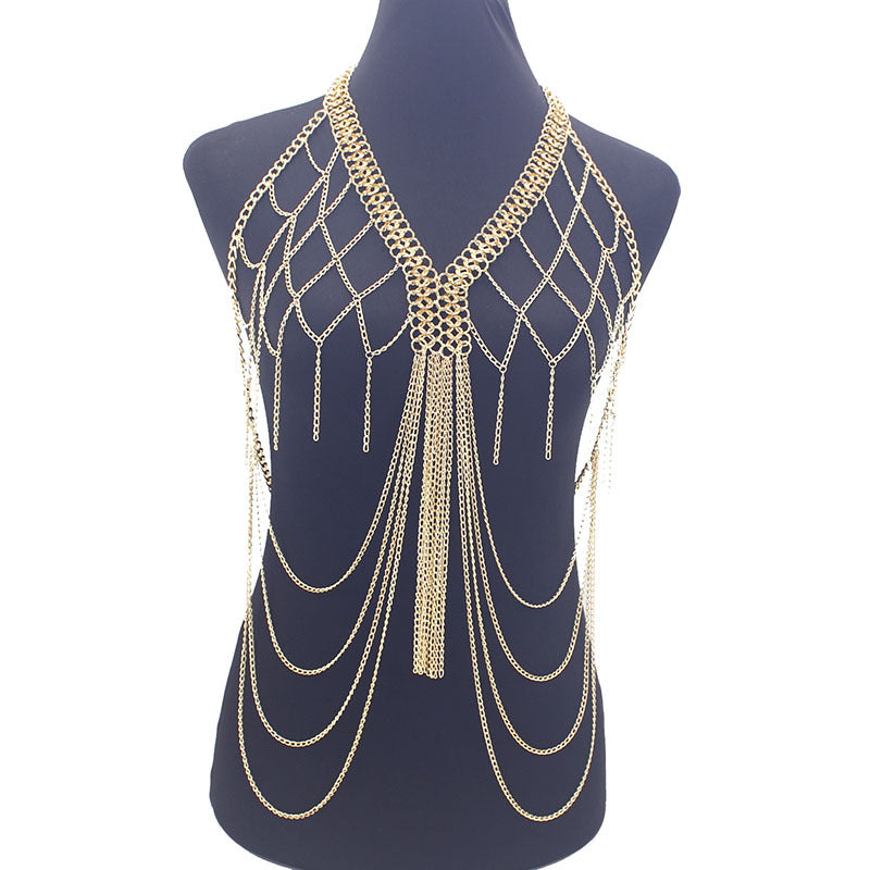European and American Cross-Border Jewelry Women's Metal Mesh Cut Out Tassel Multi-Layer Chest Chain Nightclub Performance Fashion Clothing Accessories