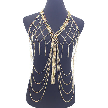European and American Cross-Border Jewelry Women's Metal Mesh Cut Out Tassel Multi-Layer Chest Chain Nightclub Performance Fashion Clothing Accessories