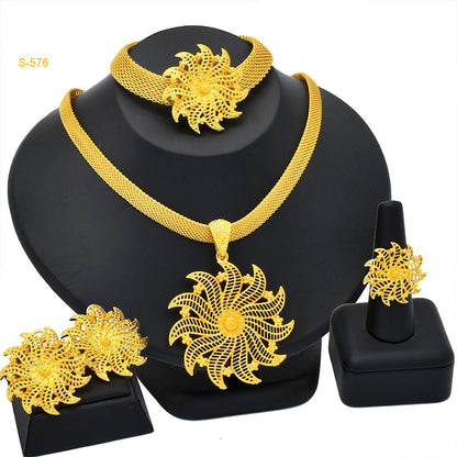 24K Gold Dubai Explosions Bride Four-piece Flower Rhinestone Jewelry Alloy Necklace Bracelet Earrings Ring