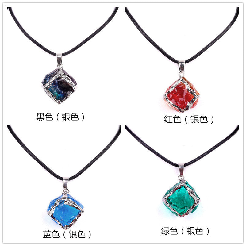 Imitation Crystal Rough Stone Square Electroplated Colorful Pendant Artificial Crystal Sugar Cube Necklace DIY Jewelry Pendant